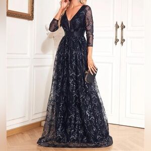 XUIBOL Sequin Flower Maxi Dress Navy Blue Size Small